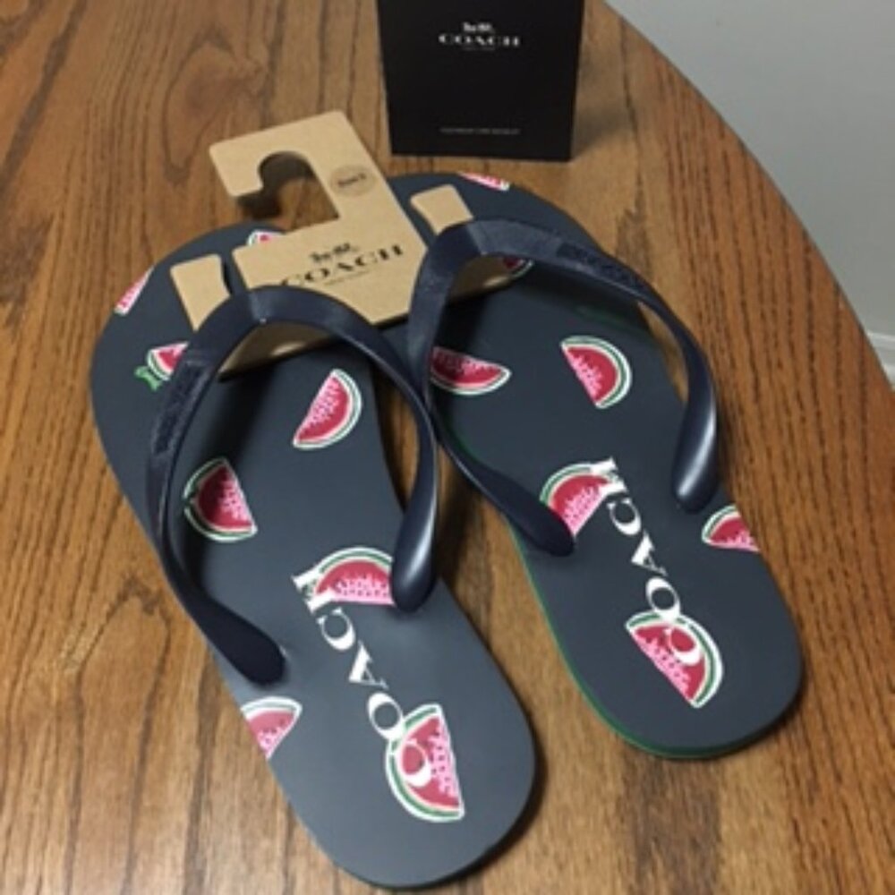 NWT Coach Black Watermelon Logo Flip Flops Size 9-10 - Picture 2 of 8